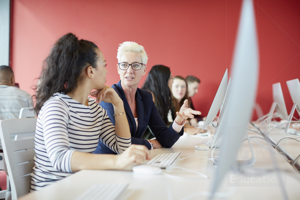 Professor and female higher education student having discussion in a computer laboratory.