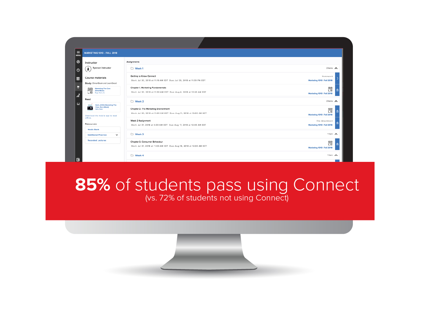 Instructor view of Connect indicating higher pass rate when learners use Connect.