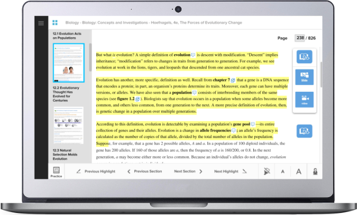 Highlighted yellow text in SmartBook for Biology shows areas to focus on 